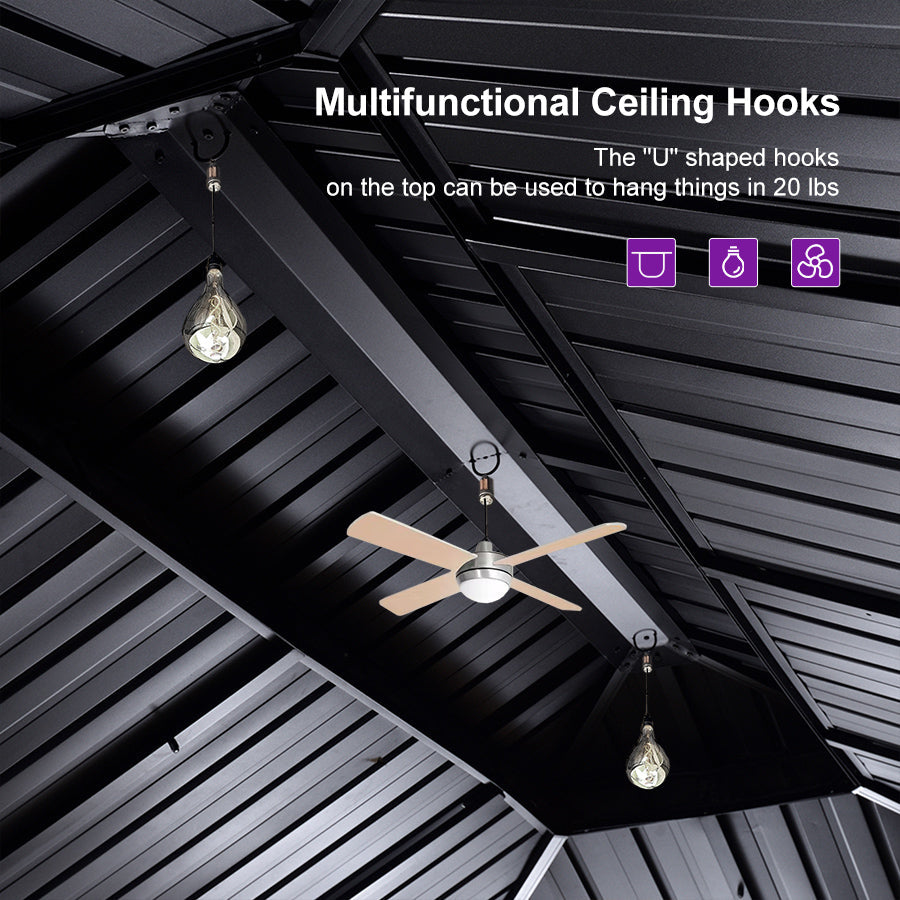 PURPLE LEAF Hardtop Gazebo for Patio Wood Grain Aluminum Frame Awning with String Lights-milky