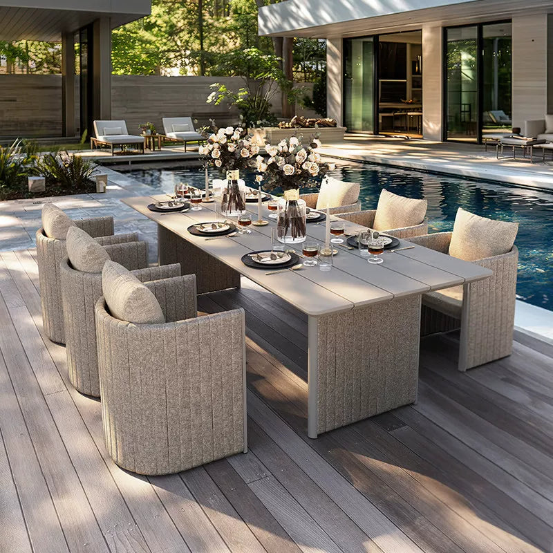 PURPLE LEAF Sanori Patio Dining Set Modern Large Weather-Resistant Table and Aluminum Chairs with Cushions for Garden Beige