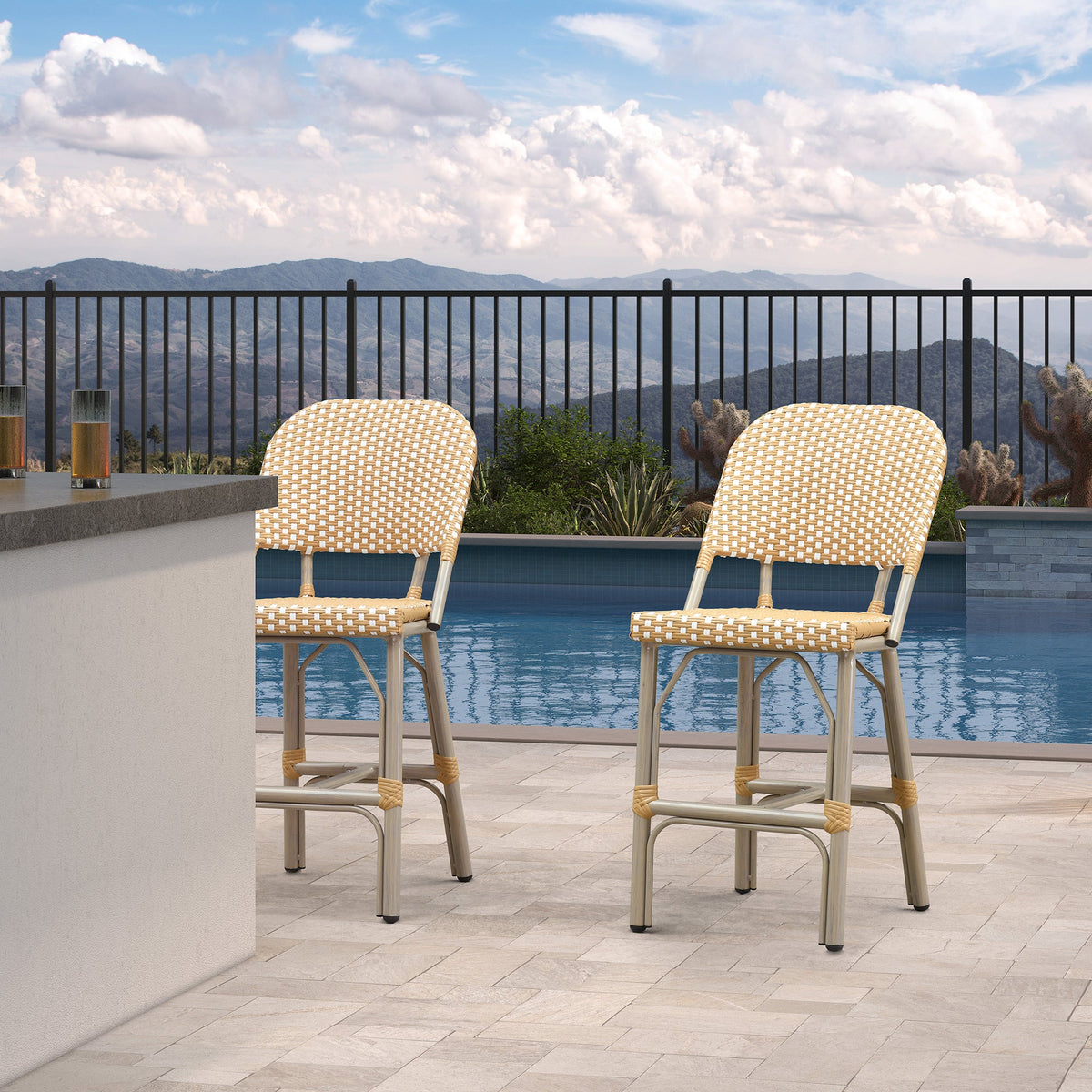 PURPLE LEAF Outdoor Bar Height Stools Set of 2 French Country Patio Rattan Bar Stool Chairs Outdoor Armless Barstools for Porch Garden Indoor Kitchen
