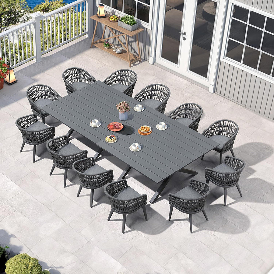 PURPLE LEAF Modern Outdoor Dining Table with 6/8/10 Seats, All-Weather Aluminum Table and Rattan Chairs with Cushions, Champagne