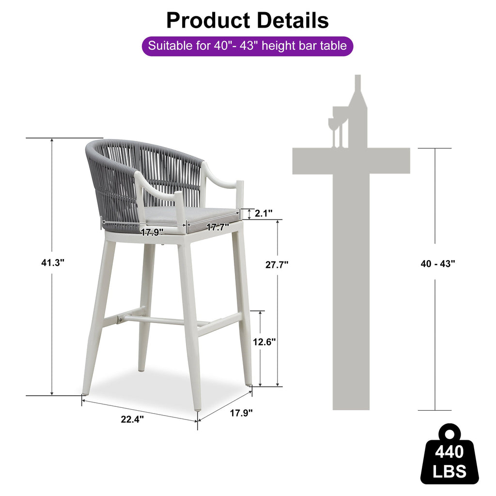 PURPLE LEAF Patio Bar Stools Set of 2 Outdoor Wicker Modern High Bar Chairs Metal Cushioned Barstools with Backs and Ergonomic Armrest