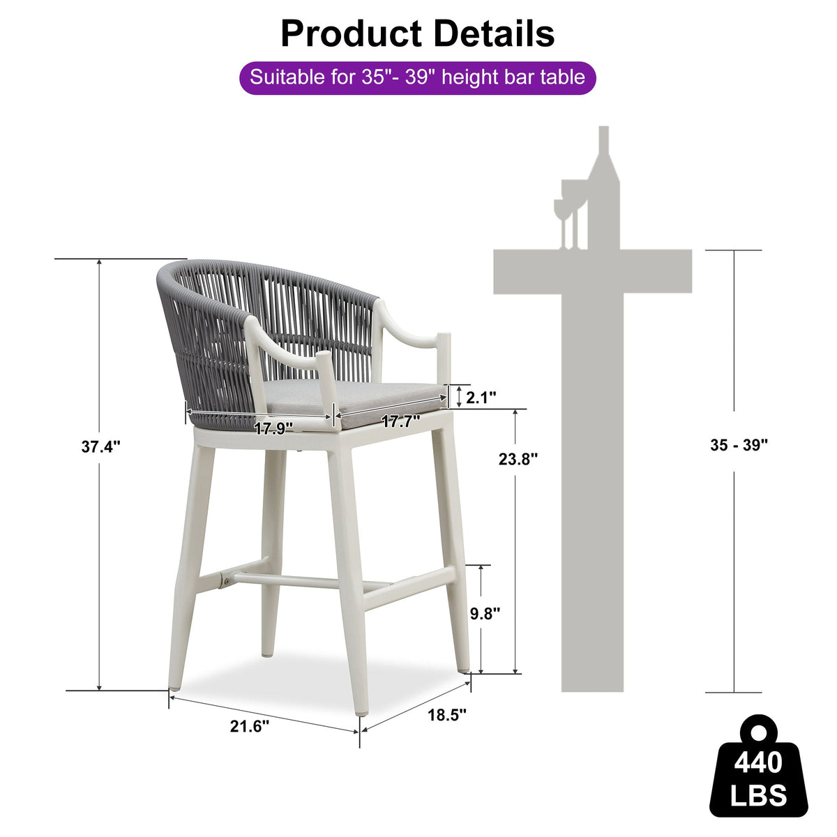 PURPLE LEAF Patio Bar Stools Set of 2 Outdoor Wicker Modern High Bar Chairs Metal Cushioned Barstools with Backs and Ergonomic Armrest