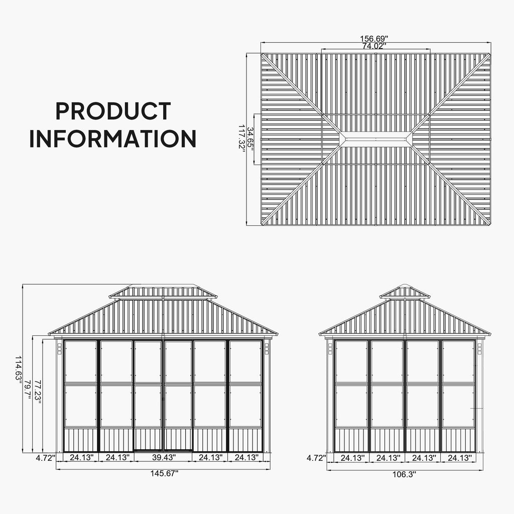 PURPLE LEAF Sunroom Hardtop Gazebo with Wood Grain Columns Black Frame Double Roof Galvanized Steel Solarium All-Weather Screen House with String Lights