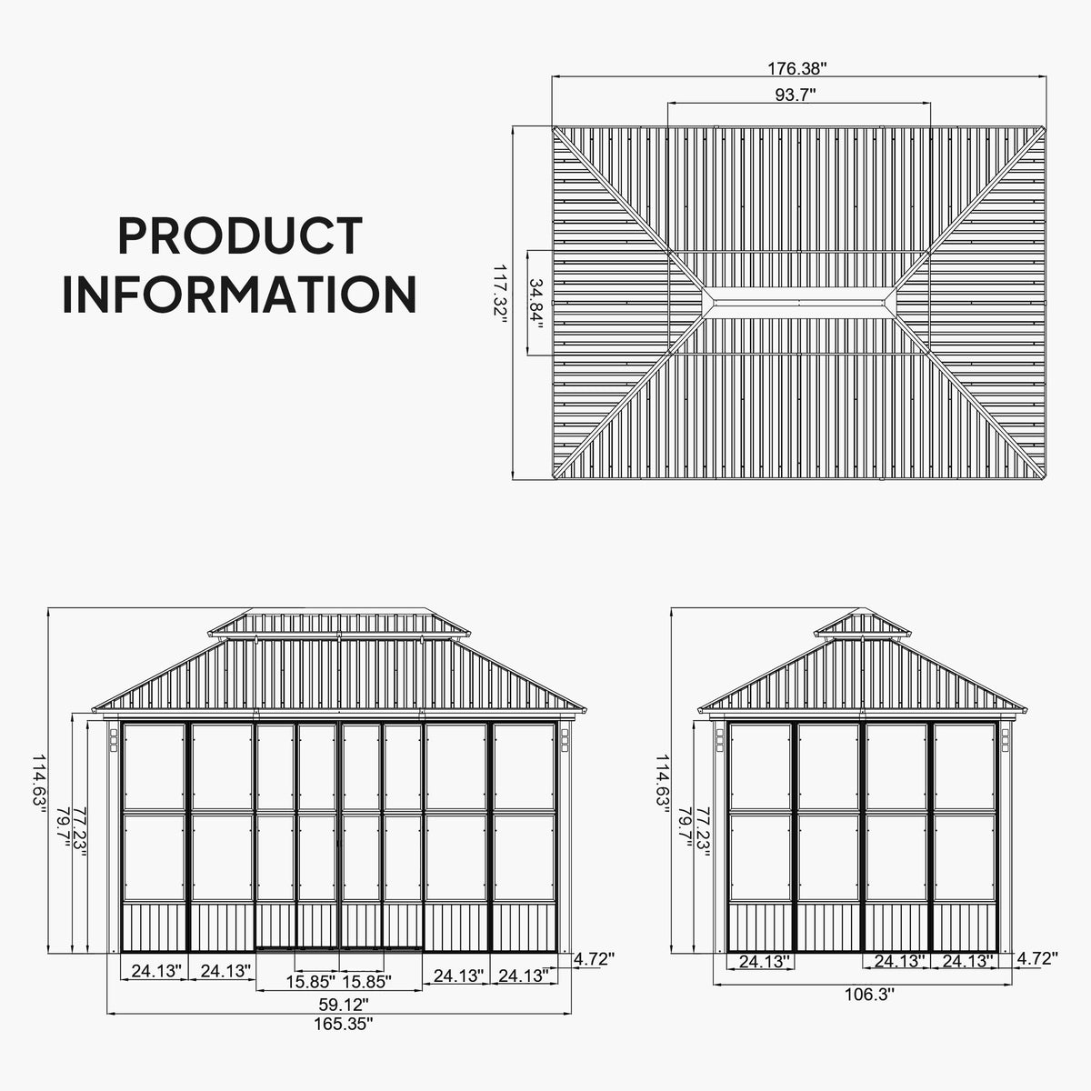 PURPLE LEAF Sunroom Hardtop Gazebo with Wood Grain Columns Black Frame Double Roof Galvanized Steel Solarium All-Weather Screen House with String Lights