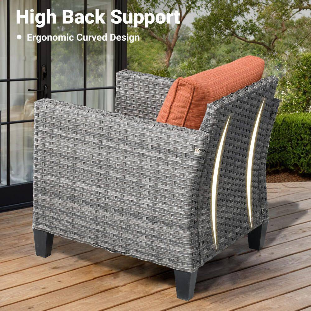 Milan Gray 8-Piece Wicker Outdoor Patio Rectangular Fire Pit Seating Sofa Set and with Orange Red Cushions