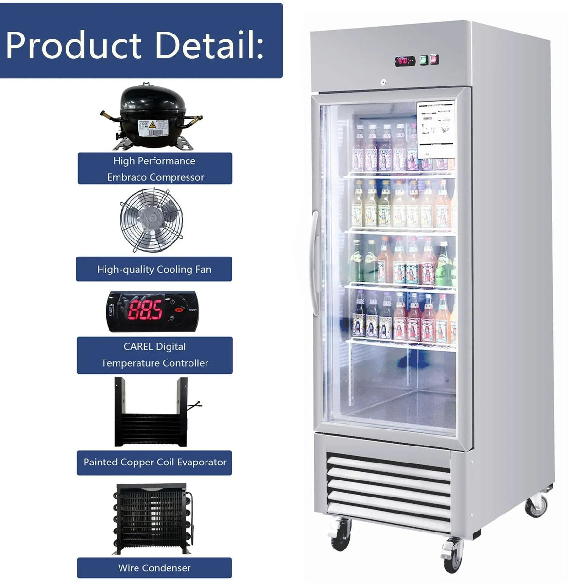 18.68 Cu.ft. Commercial Display Refrigerator, Single Glass Door, Stainless Steel, DOBA-FZG18