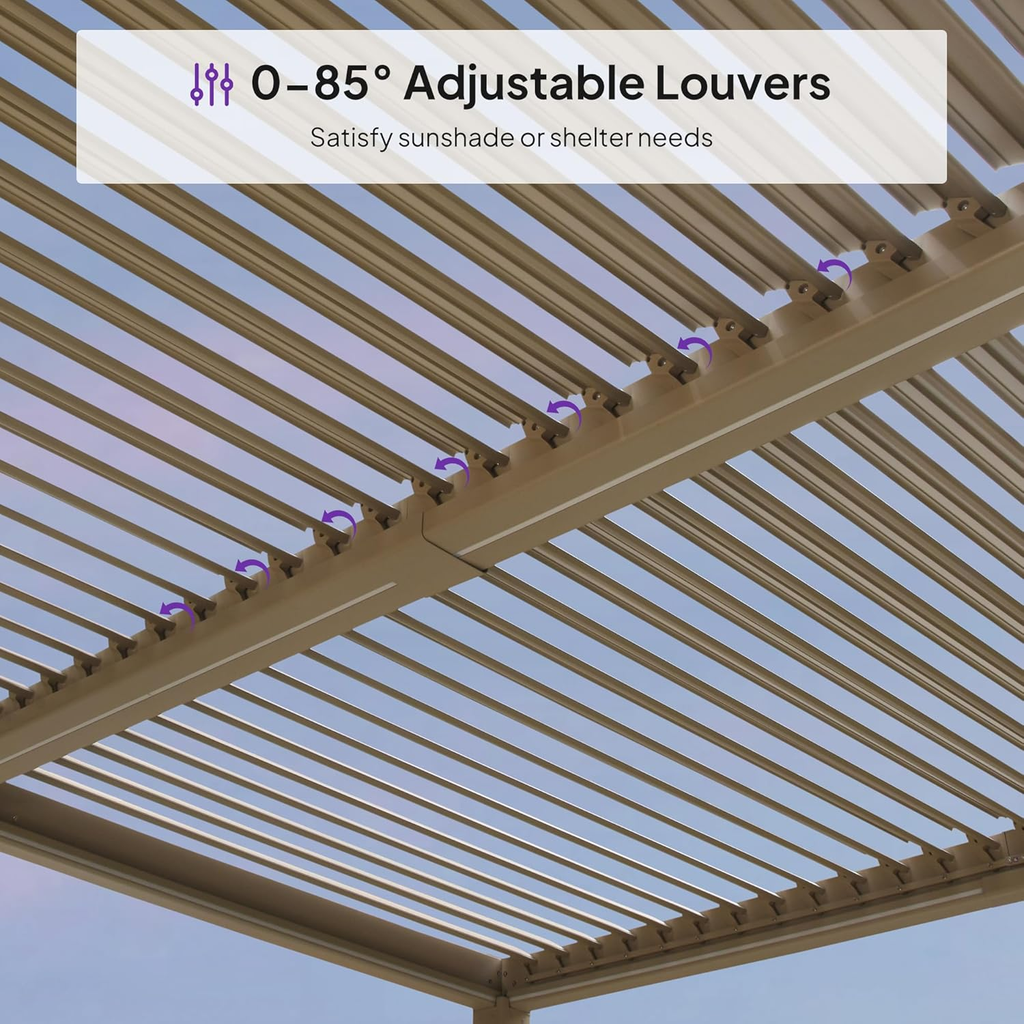 PURPLE LEAF Caesar Solar Louvered Pergola with LED Strip Lights and Control Panel Aluminum Outdoor Pergola with Adjustable Roof for Patio Deck Garden Yard Champagne