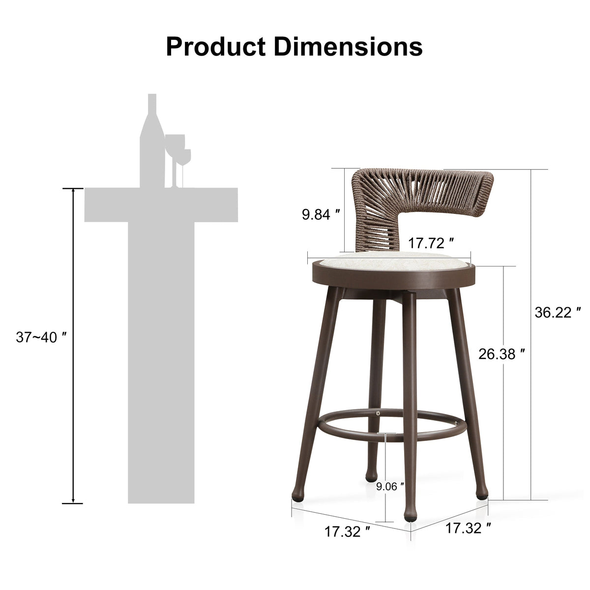 PURPLE LEAF Outdoor Swivel Bar Stools Set of 2 Metal Modern Rattan Bar Chairs with Backrest Aluminum Woven Barstools with Cushions