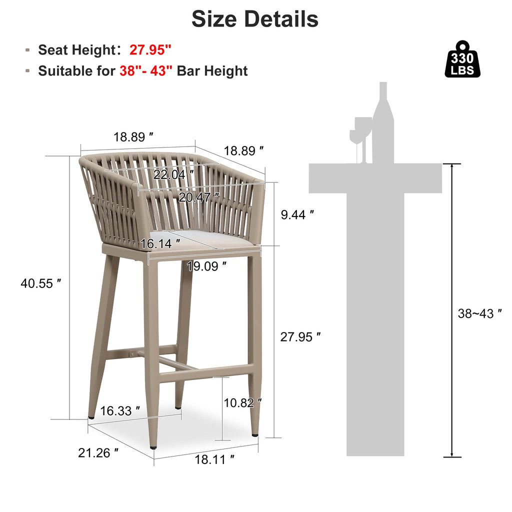 PURPLE LEAF Outdoor Bar Stools Set of 2 for Overweight Wicker Rattan Patio Barstools Woven Modern Bar Chairs with Backrest and Cushions for Garden Outside