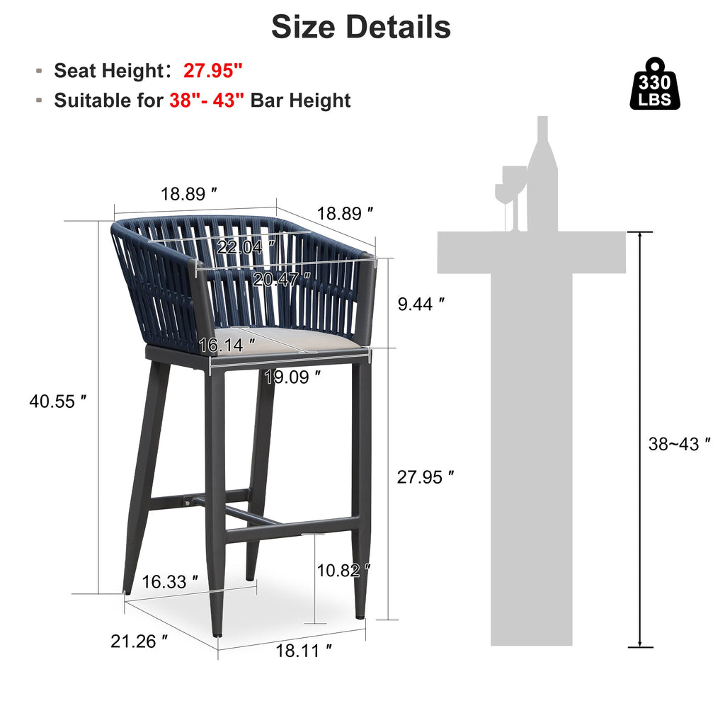 PURPLE LEAF Outdoor Bar Stools Set of 2 for Overweight Wicker Rattan Patio Barstools Woven Modern Bar Chairs with Backrest and Cushions for Garden Outside