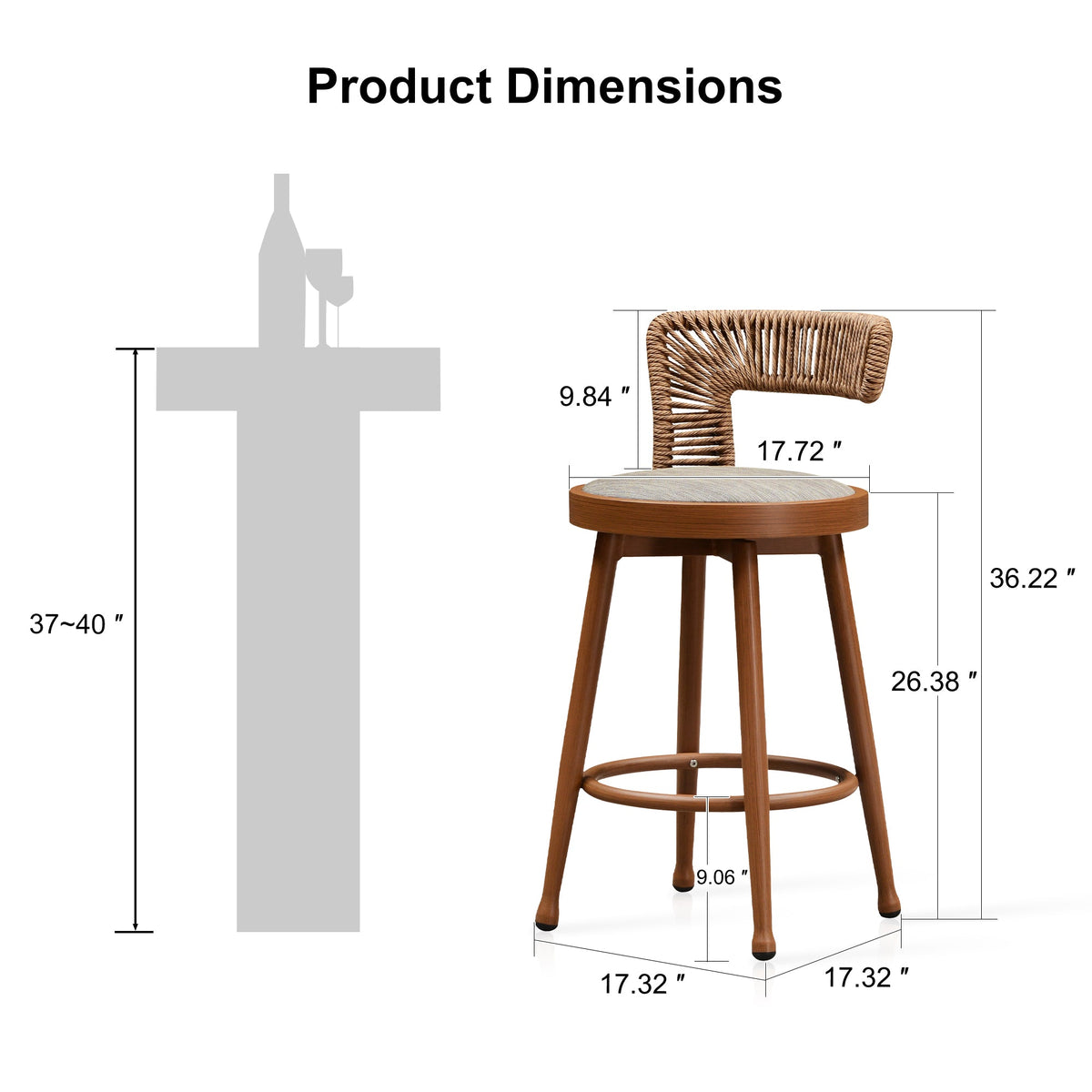 PURPLE LEAF Outdoor Swivel Bar Stools Set of 2 Metal Modern Rattan Bar Chairs with Backrest Aluminum Woven Barstools with Cushions