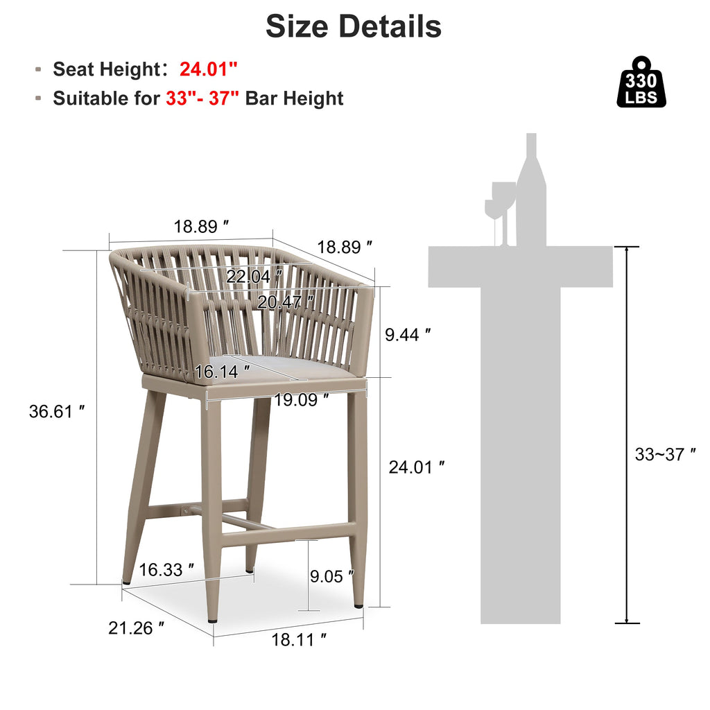 PURPLE LEAF Outdoor Bar Stools Set of 2 for Overweight Wicker Rattan Patio Barstools Woven Modern Bar Chairs with Backrest and Cushions for Garden Outside