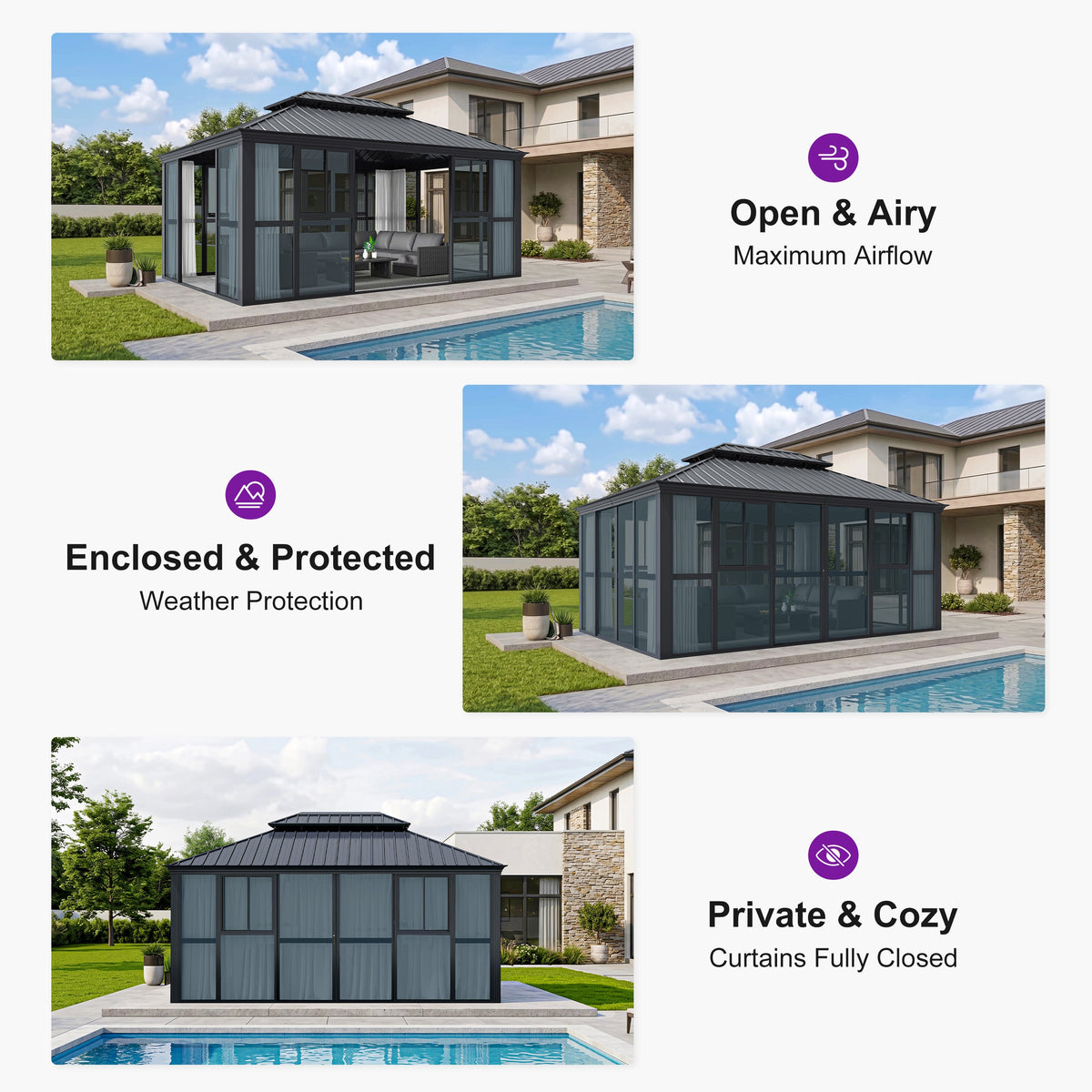PURPLE LEAF Luxury Sunroom Solarium 360° Transparent Outdoor Living Room with Elegant Curtains Outdoor Gazebo with 4-Side Sliding Doors and Windows for Entertaining with String Lights