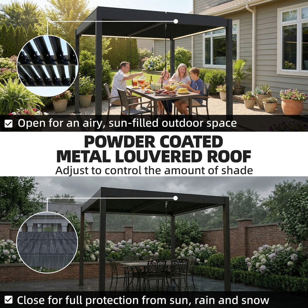 Louvered Pergola 3 x 3 m Dark Grey with Adjustable Roof, LED Lights & Remote