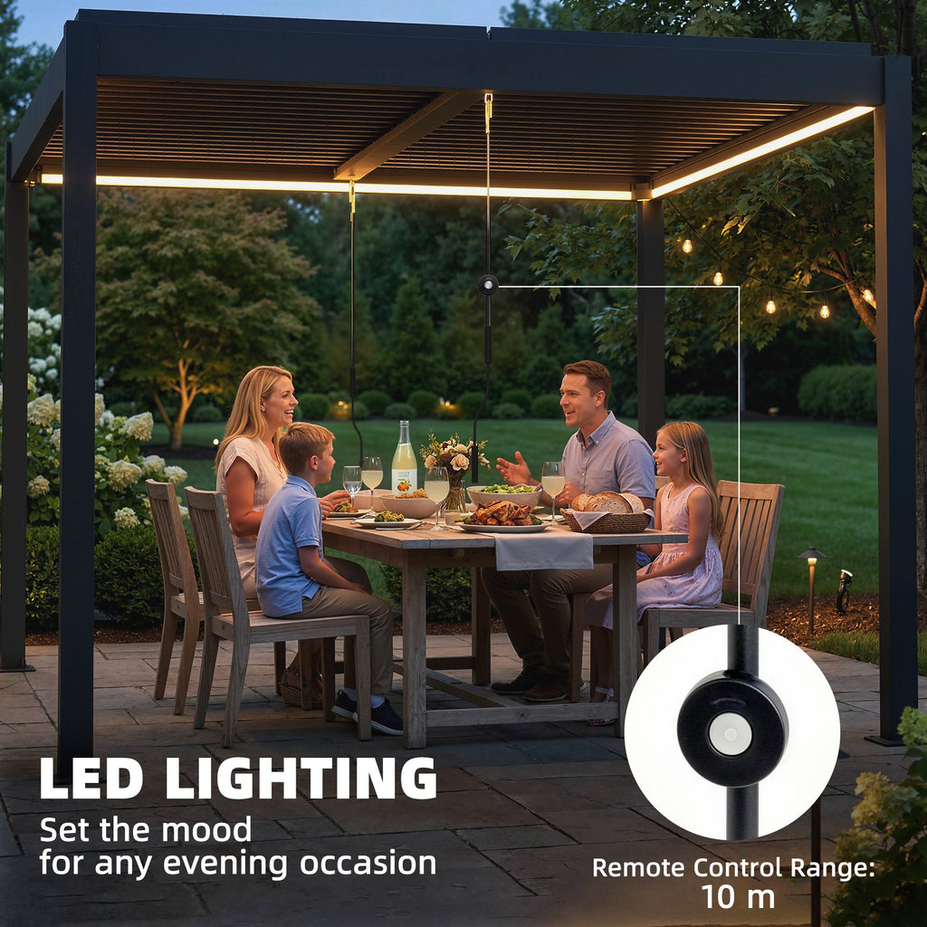 Louvered Pergola 3 x 3 m Dark Grey with Adjustable Roof, LED Lights & Remote