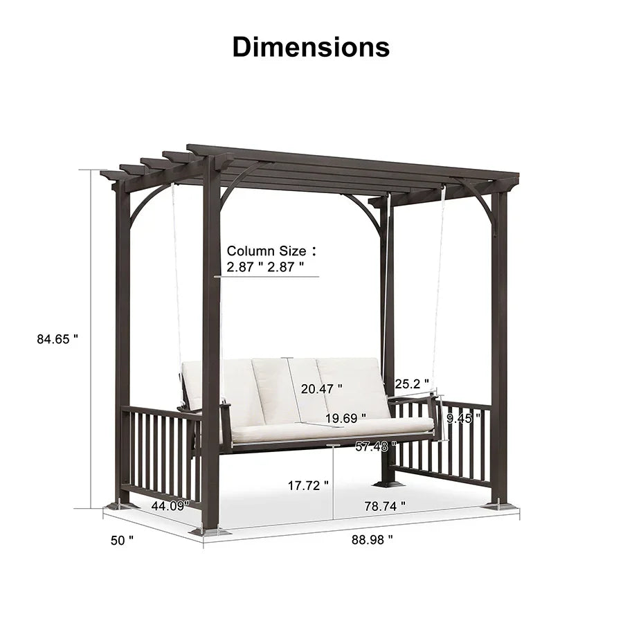 PURPLE LEAF 3-Seat Outdoor Metal Pergola Swing Bed Hanging Cloud Black rope Swing Chair with Stand Cushions & Pillows for Outdoor