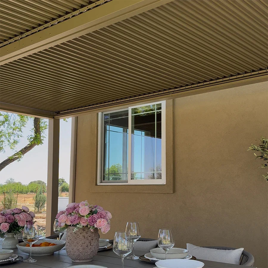 PURPLE LEAF Athena Louvered Pergola Modern Champagne Pergola with Adjustable Roof for Deck Backyard Garden
