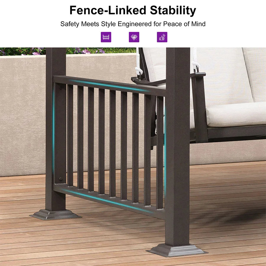 PURPLE LEAF 3-Seat Outdoor Metal Pergola Swing Bed Hanging Cloud Black rope Swing Chair with Stand Cushions & Pillows for Outdoor