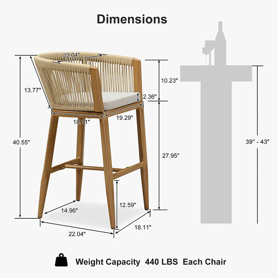 PURPLE LEAF Bar Stools Set of 2 Rattan Bar Stools with Cushions Aluminum Bar Chairs for Outdoor or Indoor Kitchen Bar Stools