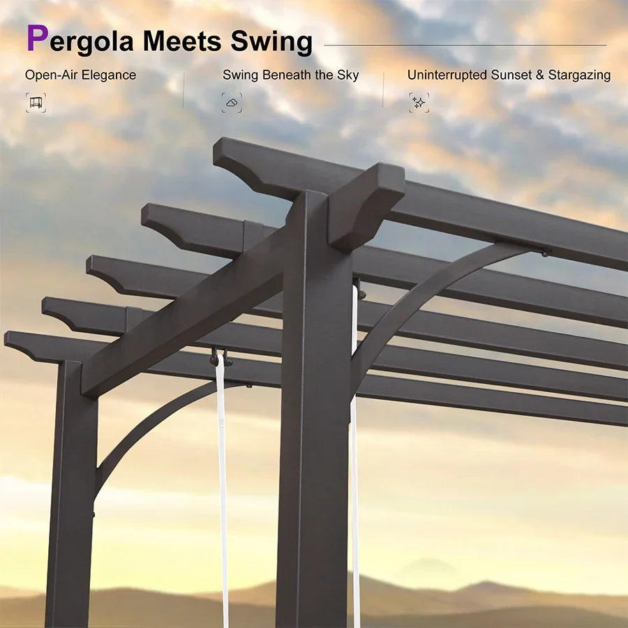 PURPLE LEAF 3-Seat Outdoor Metal Pergola Swing Bed Hanging Cloud Black rope Swing Chair with Stand Cushions & Pillows for Outdoor