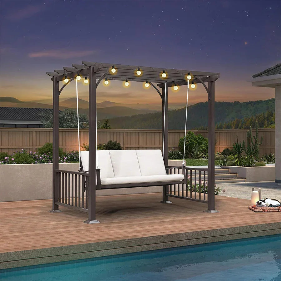 PURPLE LEAF 3-Seat Outdoor Metal Pergola Swing Bed Hanging Cloud Black rope Swing Chair with Stand Cushions & Pillows for Outdoor