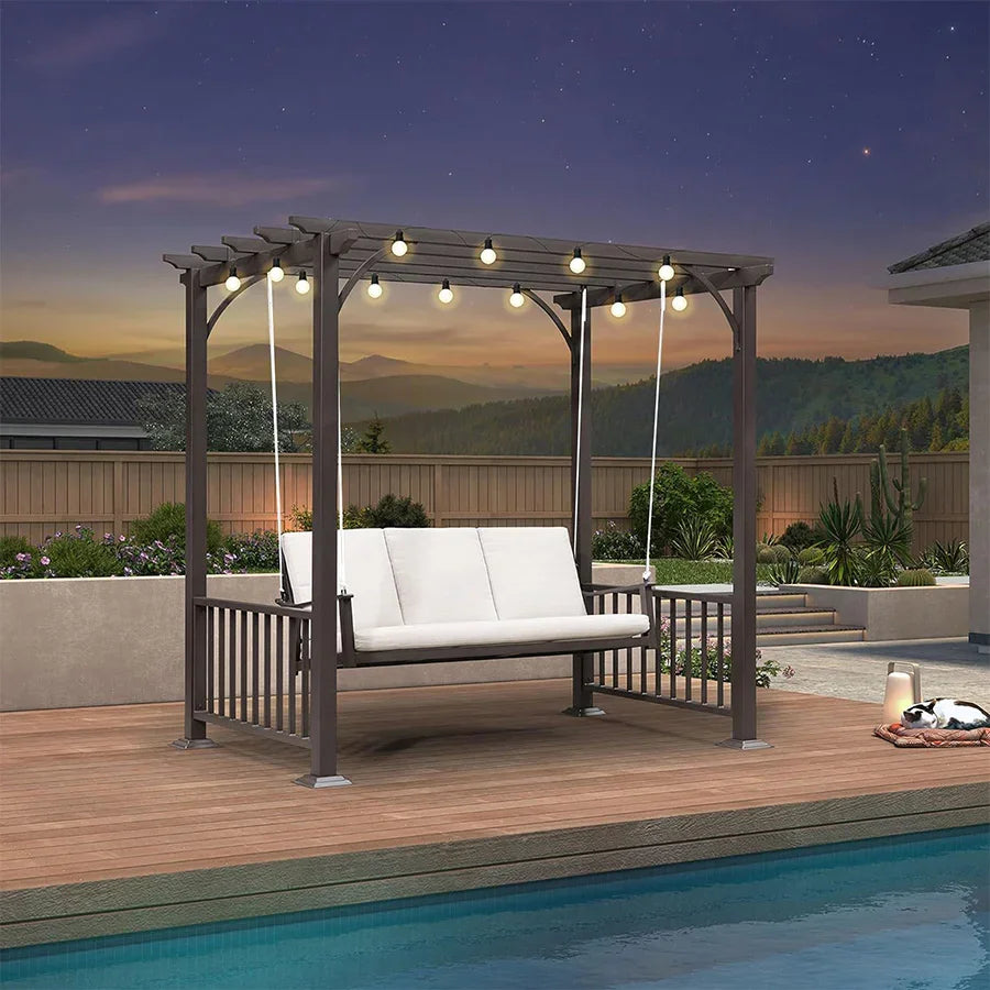 PURPLE LEAF 3-Seat Outdoor Metal Pergola Swing Bed Hanging Cloud Black rope Swing Chair with Stand Cushions & Pillows for Outdoor
