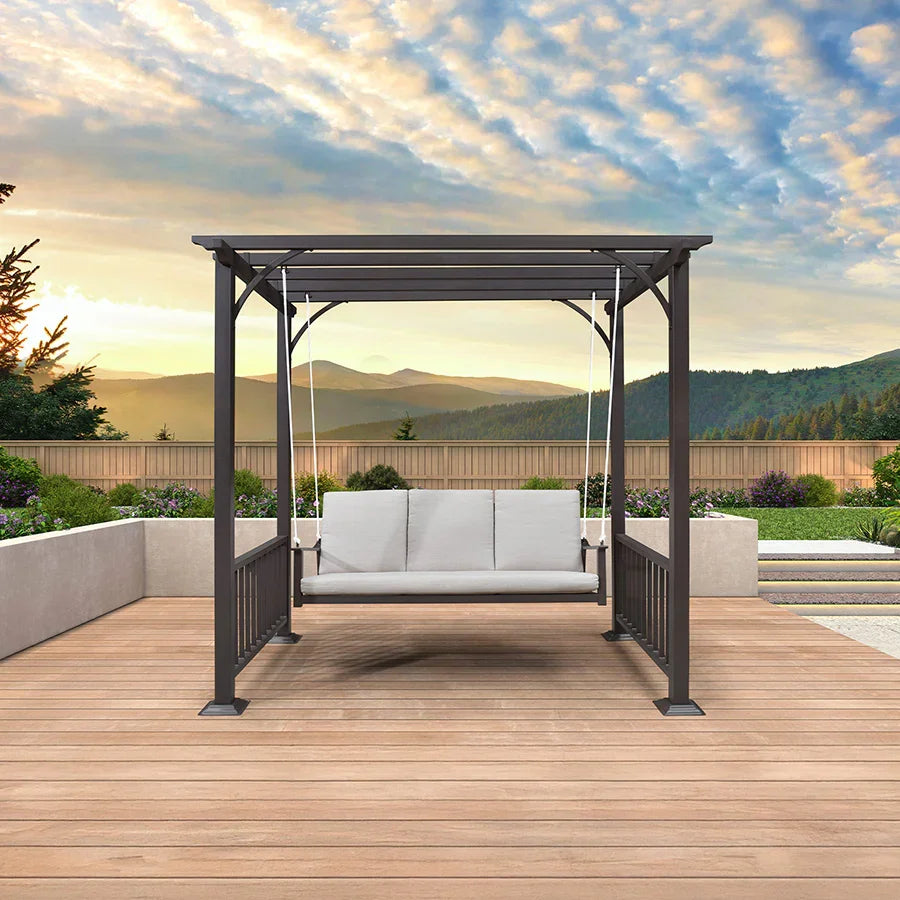 PURPLE LEAF 3-Seat Outdoor Metal Pergola Swing Bed Hanging Cloud Black rope Swing Chair with Stand Cushions & Pillows for Outdoor