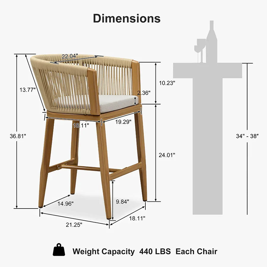 PURPLE LEAF Bar Stools Set of 2 Rattan Bar Stools with Cushions Aluminum Bar Chairs for Outdoor or Indoor Kitchen Bar Stools