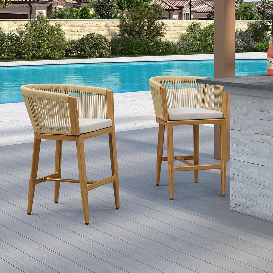 PURPLE LEAF Bar Stools Set of 2 Rattan Bar Stools with Cushions Aluminum Bar Chairs for Outdoor or Indoor Kitchen Bar Stools