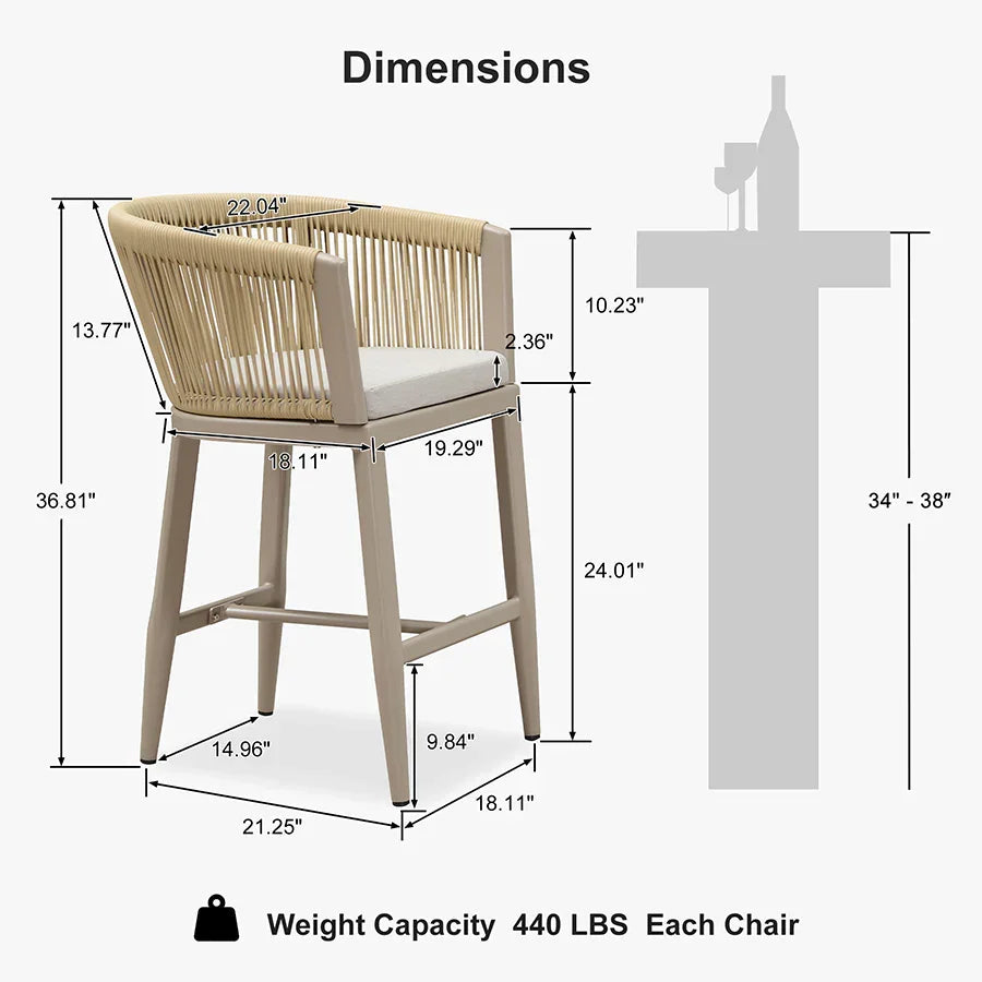 PURPLE LEAF Bar Stools Set of 2 Rattan Bar Stools with Cushions Aluminum Bar Chairs for Outdoor or Indoor Kitchen Bar Stools