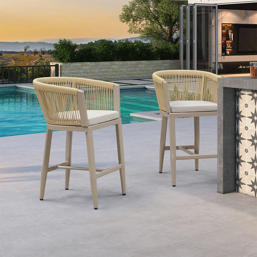 PURPLE LEAF Bar Stools Set of 2 Rattan Bar Stools with Cushions Aluminum Bar Chairs for Outdoor or Indoor Kitchen Bar Stools