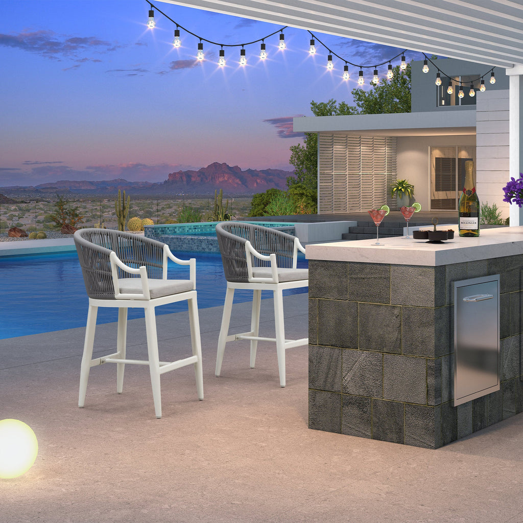 PURPLE LEAF Patio Bar Stools Set of 2 Outdoor Wicker Modern High Bar Chairs Metal Cushioned Barstools with Backs and Ergonomic Armrest