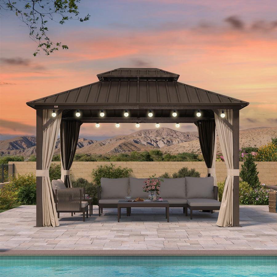 PURPLE LEAF Hardtop Gazebo Featuring Galvanized Steel Double Roof and Bronze Aluminum Frame with Curtains and Netting for Poolside with Lights-clear