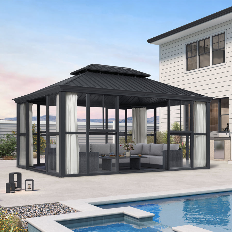 PURPLE LEAF Luxury Sunroom Solarium 360° Transparent Outdoor Living Room with Elegant Curtains Outdoor Gazebo with 4-Side Sliding Doors and Windows for Entertaining with String Lights
