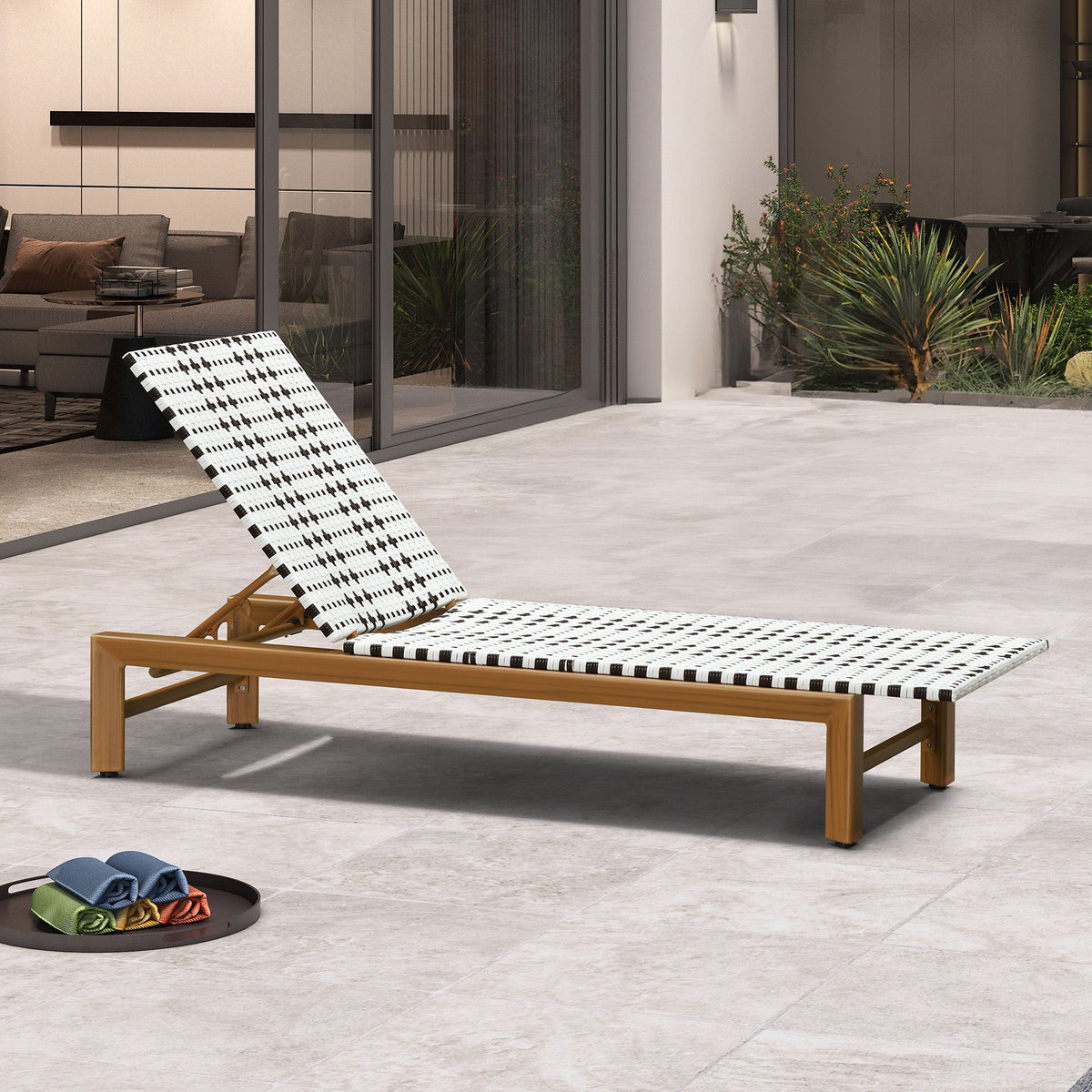 PURPLE LEAF Outdoor Teak Chaise Lounge Chair, Wood Grain Aluminum Outdoor Pool Lounge Chairs with Adjustable Backrest, Breathable Recliner for Patio, Poolside, Garden