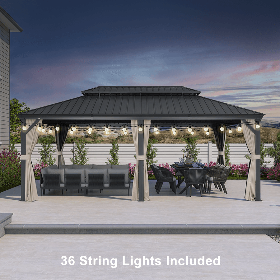 PURPLE LEAF Outdoor Hardtop Gazebo for Patio Grey Aluminum Frame Pavilion with Khaki curtains and String Lights