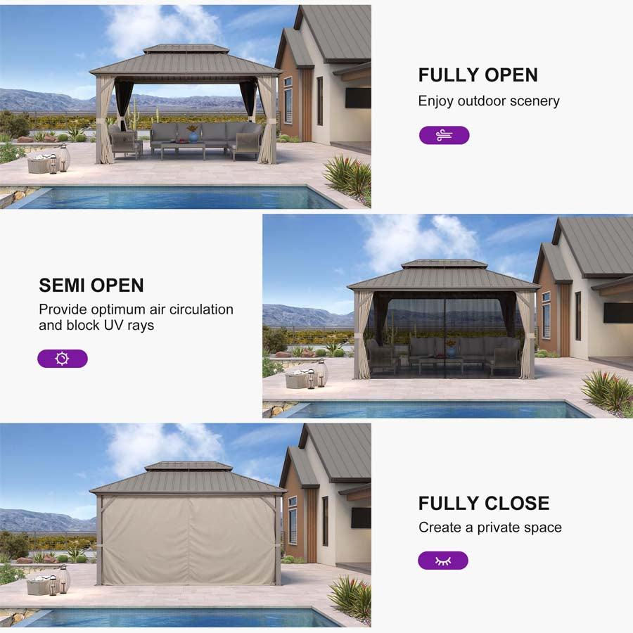 PURPLE LEAF Deck Gazebo Champagne Hardtop Metal Frame Double Roof with Curtains and Netting with Lights-milky