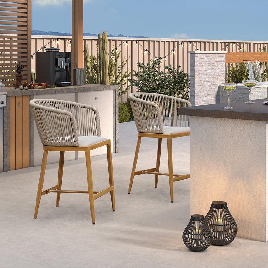 Clearance - PURPLE LEAF Outdoor Bar Stool Set of 2 Modern Rattan Bar Chairs with Woven Rope Back Wicker Patio Barstools for Indoor Kitchen Garden