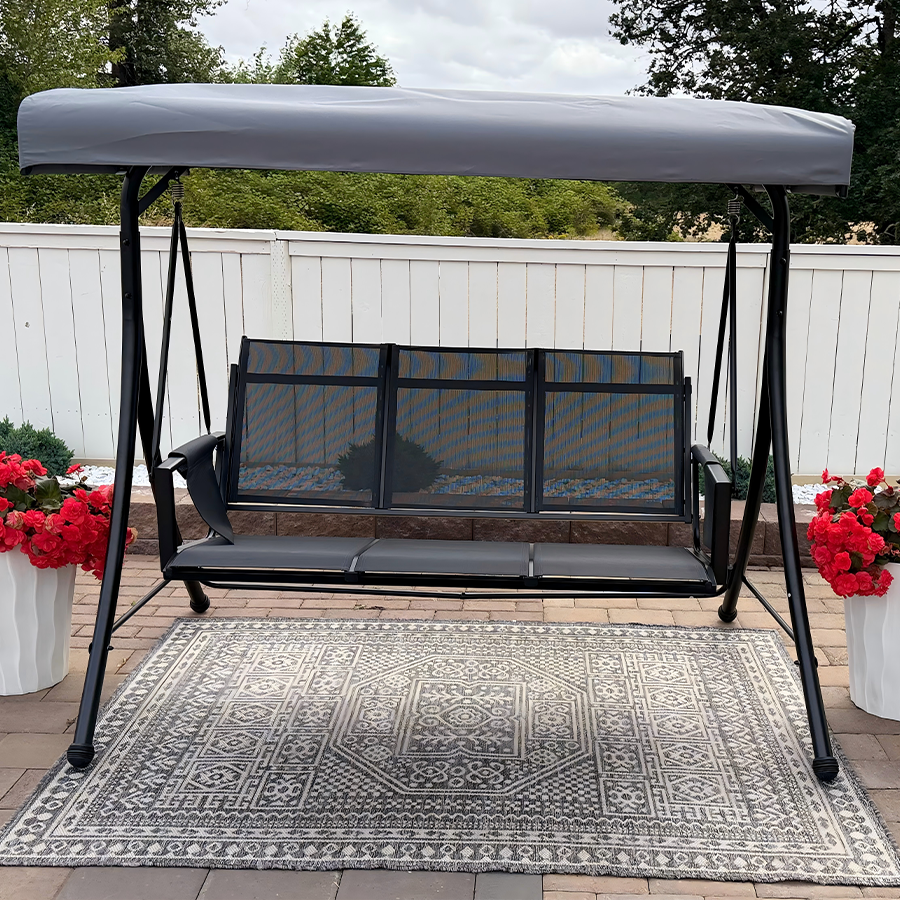 PURPLE LEAF Porch Swing with Adjustable Tilt Canopy Patio Swing with Stand and Meatl Steel Frame All-Weather Outdoor Swing Chair Seat Space-Saving for Backyard Garden Deck