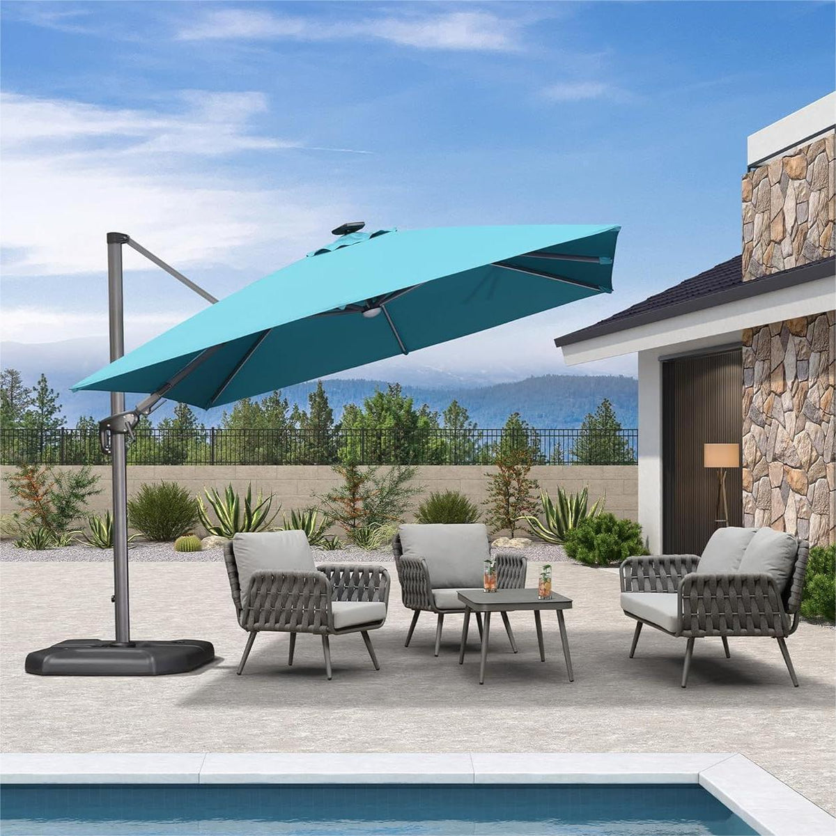 PURPLE LEAF – Parasol de terrasse déporté 10ft avec éclairage LED, rotation 360° et inclinaison