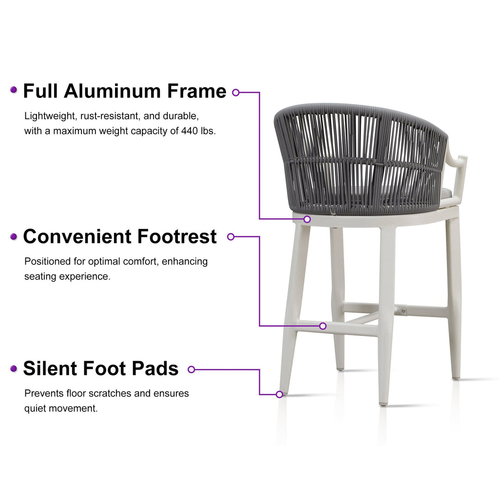 PURPLE LEAF Patio Bar Stools Set of 2 Outdoor Wicker Modern High Bar Chairs Metal Cushioned Barstools with Backs and Ergonomic Armrest