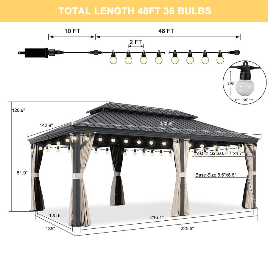 PURPLE LEAF Outdoor Hardtop Gazebo for Patio Grey Aluminum Frame Pavilion with Khaki curtains and String Lights