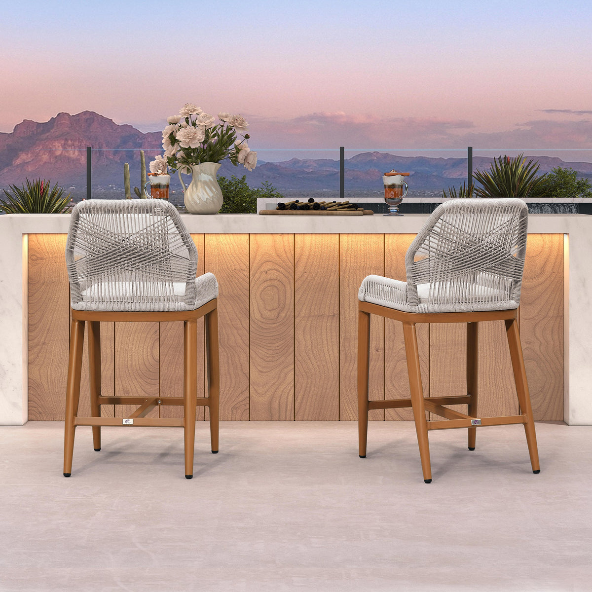 PURPLE LEAF Bar Stools Set of 4 Outdoor Aluminum Barstools with Back Modern Wicker Rattan Boho Garden Pool Patio Bar Chairs