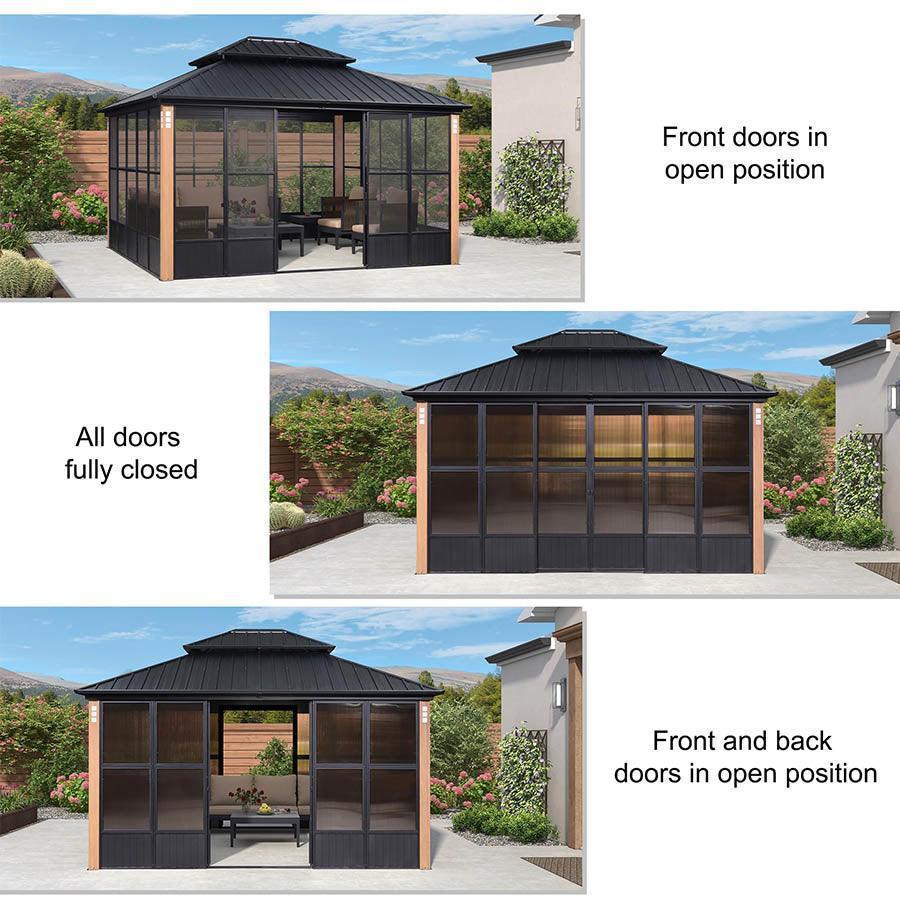 PURPLE LEAF Sunroom Hardtop Gazebo with Wood Grain Columns Black Frame Double Roof Galvanized Steel Solarium All-Weather Screen House with String Lights