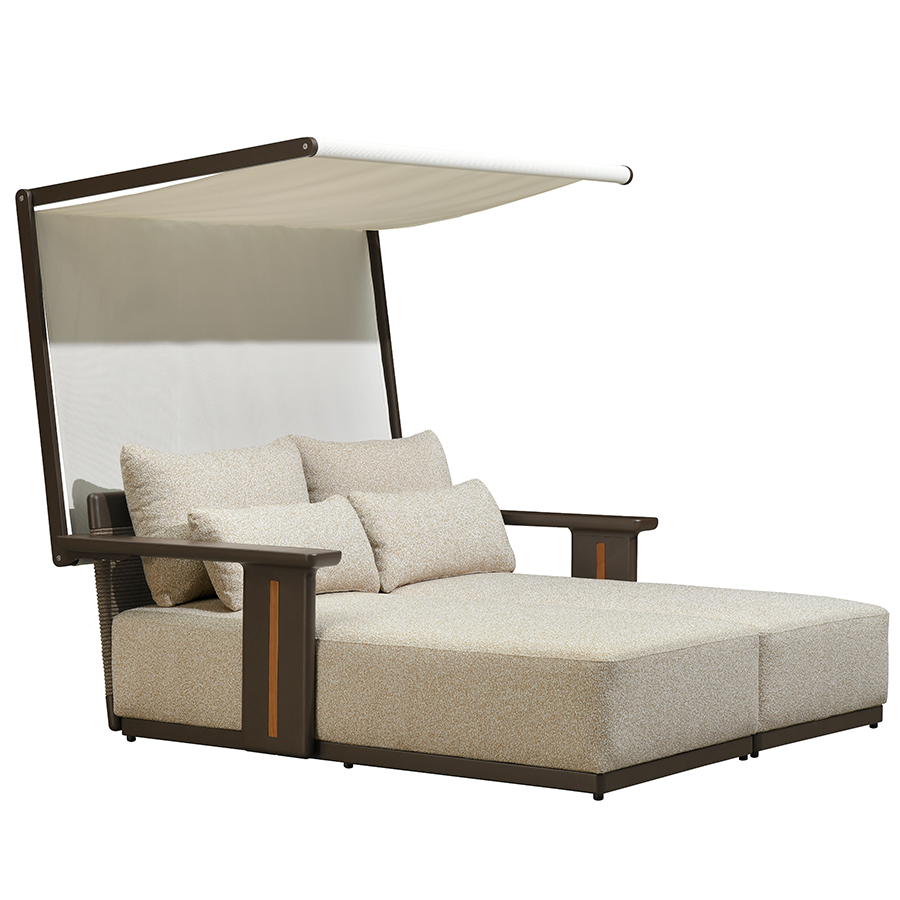 PURPLE LEAF Luxury Double Chaise Lounge Chair Outdoor Premium Aluminum Lounger with Teak Trim Armrest and 4 Pillows Modern Daybed with Textilene Canpoy for Pool Backyard Deck Garden