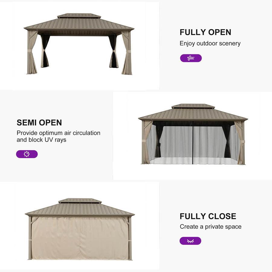 PURPLE LEAF Deck Gazebo Champagne Hardtop Metal Frame Double Roof with Curtains and Netting