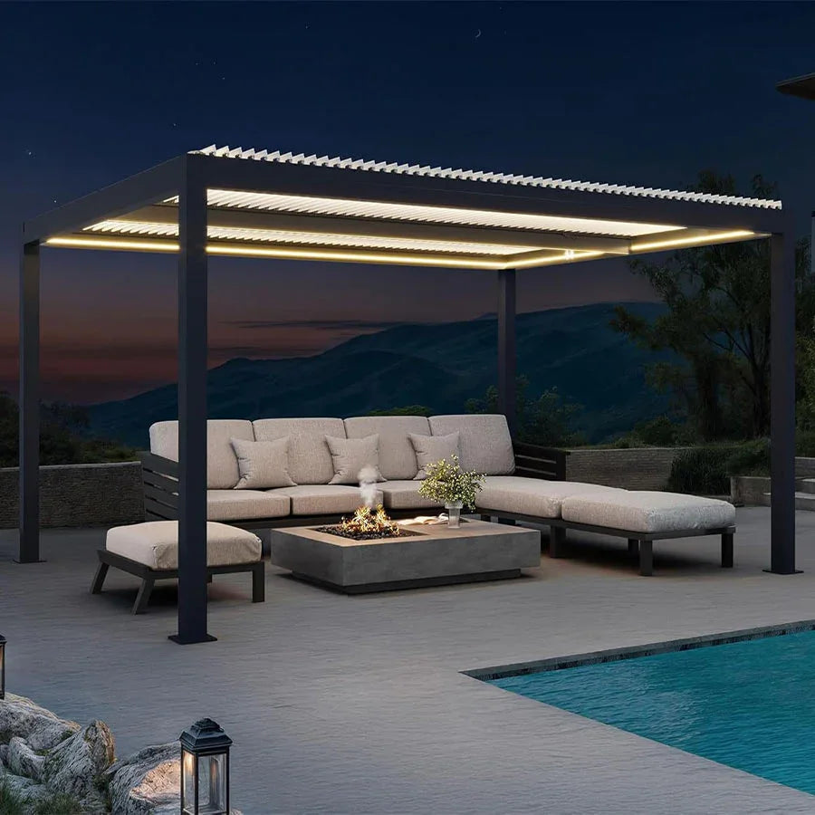 PURPLE LEAF Athena Louvered Pergola Grey Outdoor Aluminum Pergola with Strip Lights Adjustable Gazebo for Patio Deck Garden
