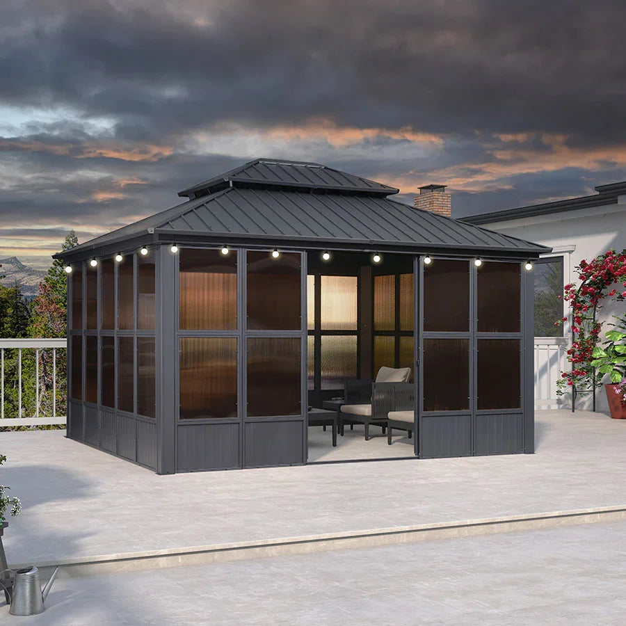 PURPLE LEAF Sunroom Hardtop Gazebo Solarium Grey Galvanized Steel Double Roof  All-Weather Aluminum Outdoor Screen House with String Lights