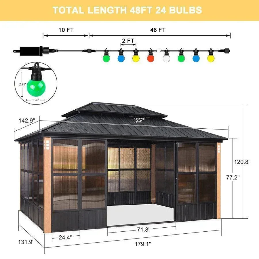 PURPLE LEAF Sunroom Hardtop Gazebo with Wood Grain Columns Black Frame Double Roof Galvanized Steel Solarium All-Weather Screen House with String Lights