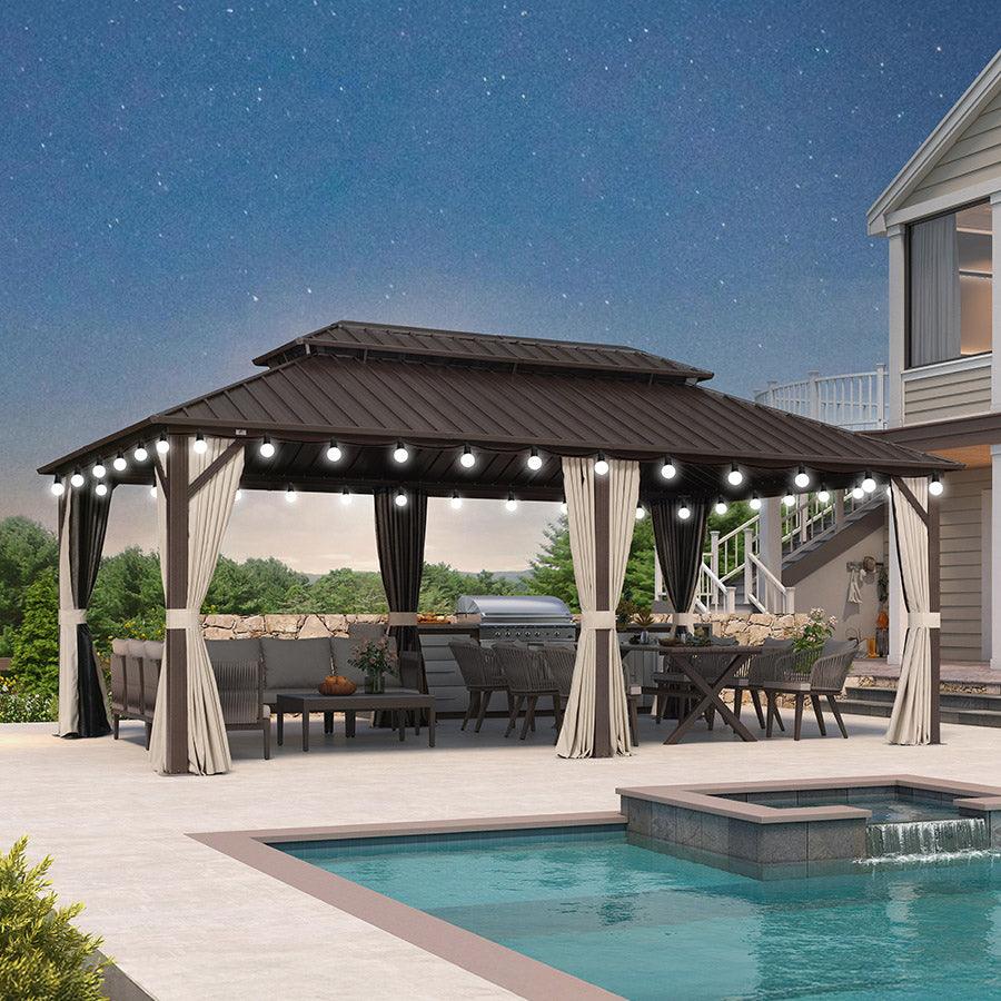 PURPLE LEAF Hardtop Gazebo Featuring Galvanized Steel Double Roof and Bronze Aluminum Frame with Curtains and Netting for Backyard with Lights-milky